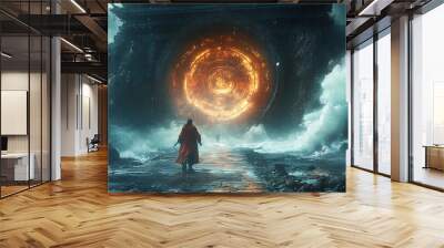 A mysterious figure approaches a glowing portal amidst turbulent waves and dark skies. Wall mural