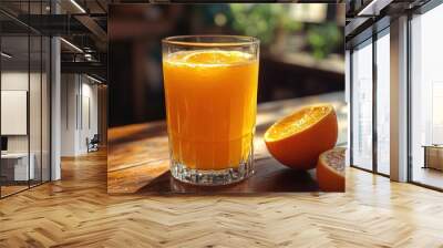 A refreshing glass of orange juice with halved oranges on a wooden table. Wall mural