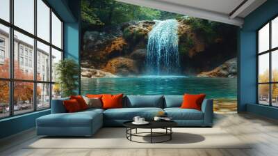 A serene waterfall cascading into a tranquil pool surrounded by lush greenery. Wall mural