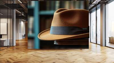 A stylish brown fedora hat resting on a wooden surface in a library setting. Wall mural