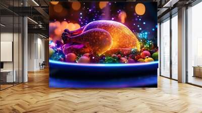 A vibrant, glowing roasted turkey on a festive table surrounded by colorful decorations. Wall mural