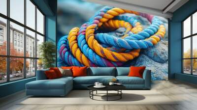 A vibrant arrangement of coiled ropes on a textured rock surface near water. Wall mural