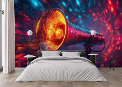 A vibrant megaphone emits sound waves in a colorful, dynamic background. Wall mural