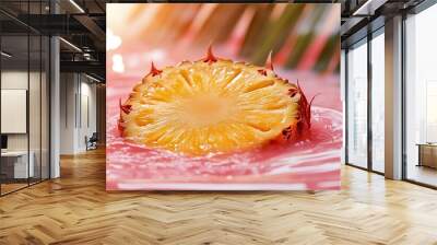 A vibrant pineapple slice floating in pink liquid with a palm leaf backdrop. Wall mural