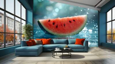 A vibrant slice of watermelon floating in water, surrounded by splashes and light. Wall mural