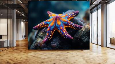 A vibrant starfish resting on rocks in an underwater environment. Wall mural