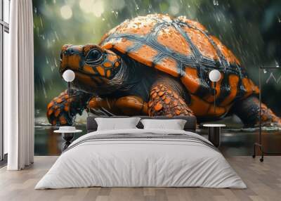 A vibrant turtle with orange and black patterns amidst a rain-soaked environment. Wall mural