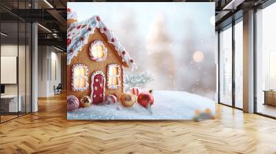 A whimsical gingerbread house surrounded by festive decorations in a snowy landscape. Wall mural