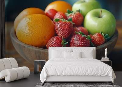 A wooden bowl filled with fresh fruits, including oranges, strawberries, and apples. Wall mural