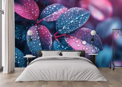 Close-up of vibrant leaves with droplets, showcasing nature's beauty after rain. Wall mural