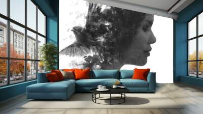 A conceptual black and white paintography portrait of a woman's profile Wall mural