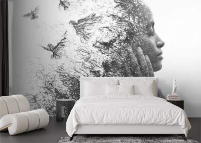 Paintography. A portrait combined with a painting Wall mural