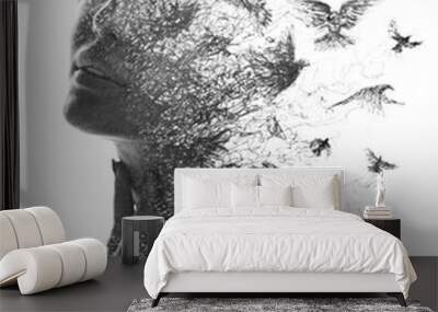 Paintography. A portrait combined with a painting Wall mural