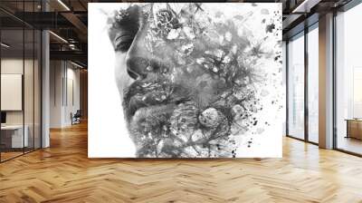 Paintography. Double exposure of an attractive male model with closed eyes combined with hand drawn paintings with lines and geometry, black and white Wall mural