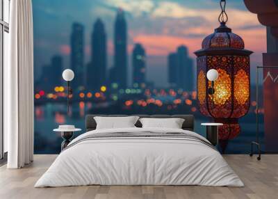 Arabic lantern of ramadan celebration against the city background Wall mural