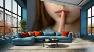 Child's hand, index finger on lips, cute gesture of silence Wall mural