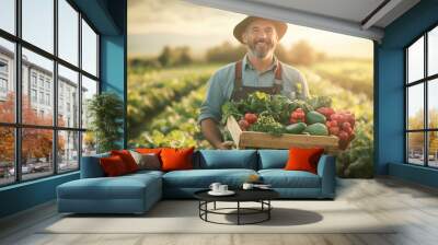 A cheerful male organic farmer holding a crate of freshly harvested vegetables, standing proudly in his abundant vegetable field at sunset. Wall mural