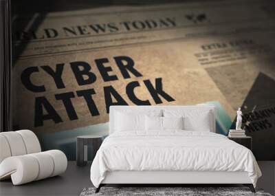 Articles about internet security and cyber crime in old newspaper; firewall, virus,hacker attacks Wall mural