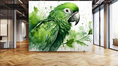 AI-generated color illustration of a green parrot on a white background.  Wall mural