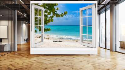 view from open window tropical landscape with ocean Wall mural