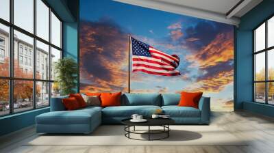 An American flag against a blue sky on an old rusty flagpole Wall mural