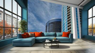 Two Modern Blue Glass and Steel Towers on Blue Sky Wall mural