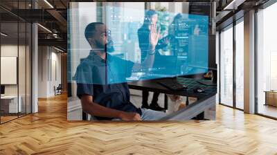 African american programmer working with hologram checking data while creating security system. Using holographic image and new interface for cloud computing, database code programming. Wall mural