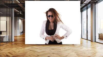 Beautiful glamour girl with sunglasses isolated on white backgro Wall mural