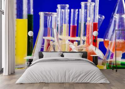 Colored liquid in chemistry set on a table over blue background. Glassware and biology equipment Wall mural