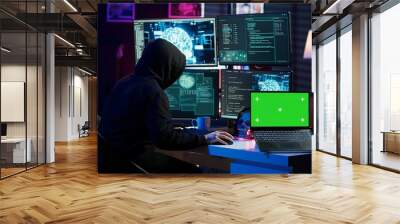 Hacker in hidden place using green screen laptop to deploy malware on unsecured devices, stealing sensitive data from unaware users online and selling it on black market, camera A Wall mural