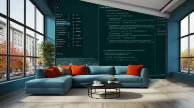 Hacker screen with multiple windows displaying code strings Wall mural