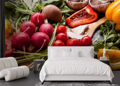 Healthy lifestyle concept image with different vegetables lying on the table Wall mural