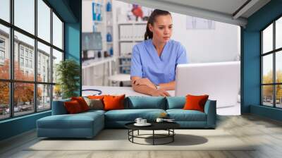 Medical nurse working on laptop in hospital office wearing blue uniform. Health care practitioner sitting at desk using computer in modern clinic looking at monitor, medicine. Wall mural