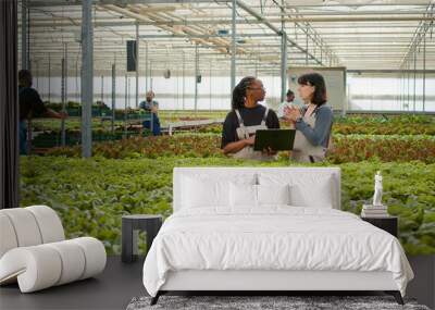 Two diverse women using laptop with agricultural management software to plan harvesting and delivery for organic lettuce. Farm workers in greenhouse holding portable computer checking online orders. Wall mural