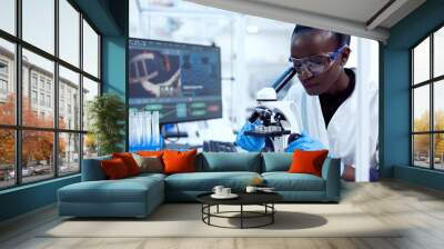 Virologist of african ethnicity sitting at her workplace neat test tubes looking through microscope. Black healthcare scientist in biochemistry laboratory wearing sterile equipment. Wall mural