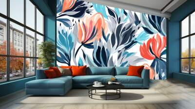 Exquisite Protea and Eucalyptus leaves pattern for wallpaper, fabric, and decoration prints. Botanical elegance and versatile stock illustration. Wall mural