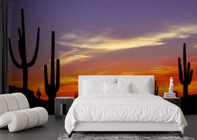 Wild West Sunset with Cactus Silhouette Wall mural