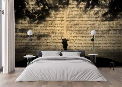 Silhouette of Jesus praying on a hill crest with sun rays. Old prophecy Wall mural