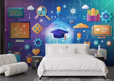 Educational technology concept illustration with icons and elements for learning and innovation
 Wall mural