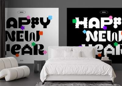 2024 Happy New Year typography. Trendy geometric element. Cool background. Playful abstract shape sticker. Brutalism aesthetic modern font type. Retro style design. Colorful flat vector illustration. Wall mural