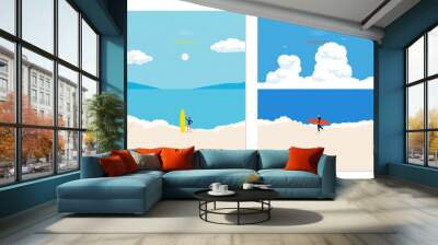 Abstract coloful landscape poster collection. Set of Contemporary art beach print templates. Nature background for social media. Sun, sea, ocean, surfer. Trendy flat design. Simple vector illustration Wall mural