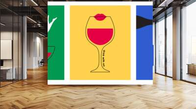 Abstract wine bottle poster set. Woman character jumping into the glass. Wine lover concept. Menu, Festival, Tasting. Colorful modern typography background. Trendy style design vector illustration. Wall mural