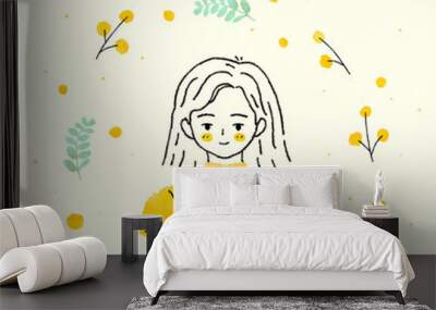 Beautiful girl in flower garden. Little girl with leaves and flowers in yellow dress. Girl inside flower frame. Use for girlish surface designs. Watercolor vector illustration in hand drawn style. Wall mural