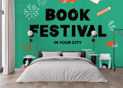 Book festival concept poster. Young men and women reading a books. Literary or writers festival advertisement, event promotion. World Book Day. Cute people. Colorful vector illustration flat design. Wall mural