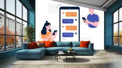 Chat messages smartphone, Sms on mobile phone screen. Man, woman couple chatting, Messaging using chat app or social network. Two persons cellphone conversation sending messages. vector illustration. Wall mural