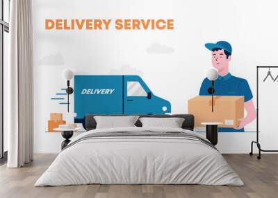 Delivery courier man holding package with delivery truck in background. The Courier Brought The Parcel By Truck. Delivery man and track. Flat design modern vector illustration concept. Wall mural