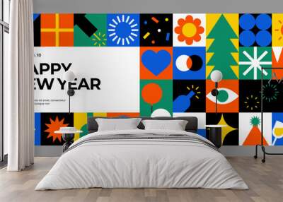 Happy New Year colorful geometric mosaic seamless pattern. Creative abstract shape. Modern scandinavian style icon element. Trendy bright symbol. Minimal background print. Flat vector illustration. Wall mural