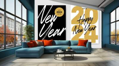 Happy new year cover. Golden number 2024 celebration. Gold color premium background. Minimal flyer, Poster set, Brochure template. Handwritten, Lettering, Typography, Calligraphy. Festive design. Wall mural