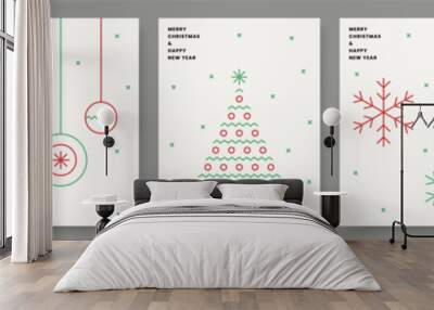 Merry Christmas, Happy New Year banner set. Greeting card, Holiday cover. Green red color xmas design, copy space. Tree, Ball, Gift, Reindeer, Snowflake element. Trendy style vector line illustration. Wall mural