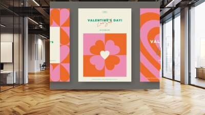 Romantic abstract geometric background set. Heart shape retro scandinavian modern style card. Simple graphic love pattern art flyer. Valentine's day concept event banner. Trendy vector illustration. Wall mural